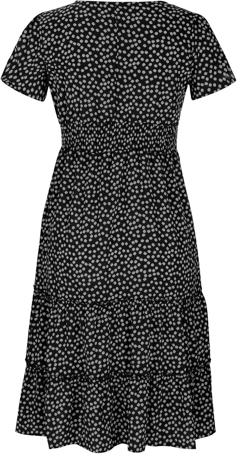 Women Boho Dress Summer Maxi Dress Polka Dot Sundress Short Sleeve A Line Tiered Dresses Flowy Beach Vacation Dress