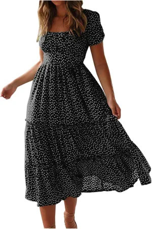Women Boho Dress Summer Maxi Dress Polka Dot Sundress Short Sleeve A Line Tiered Dresses Flowy Beach Vacation Dress