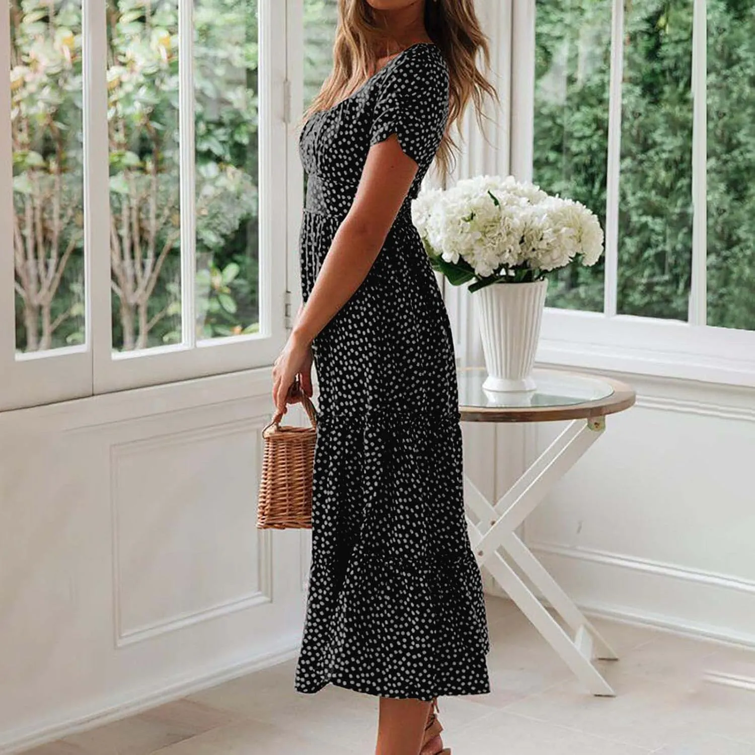 Women Boho Dress Summer Maxi Dress Polka Dot Sundress Short Sleeve A Line Tiered Dresses Flowy Beach Vacation Dress
