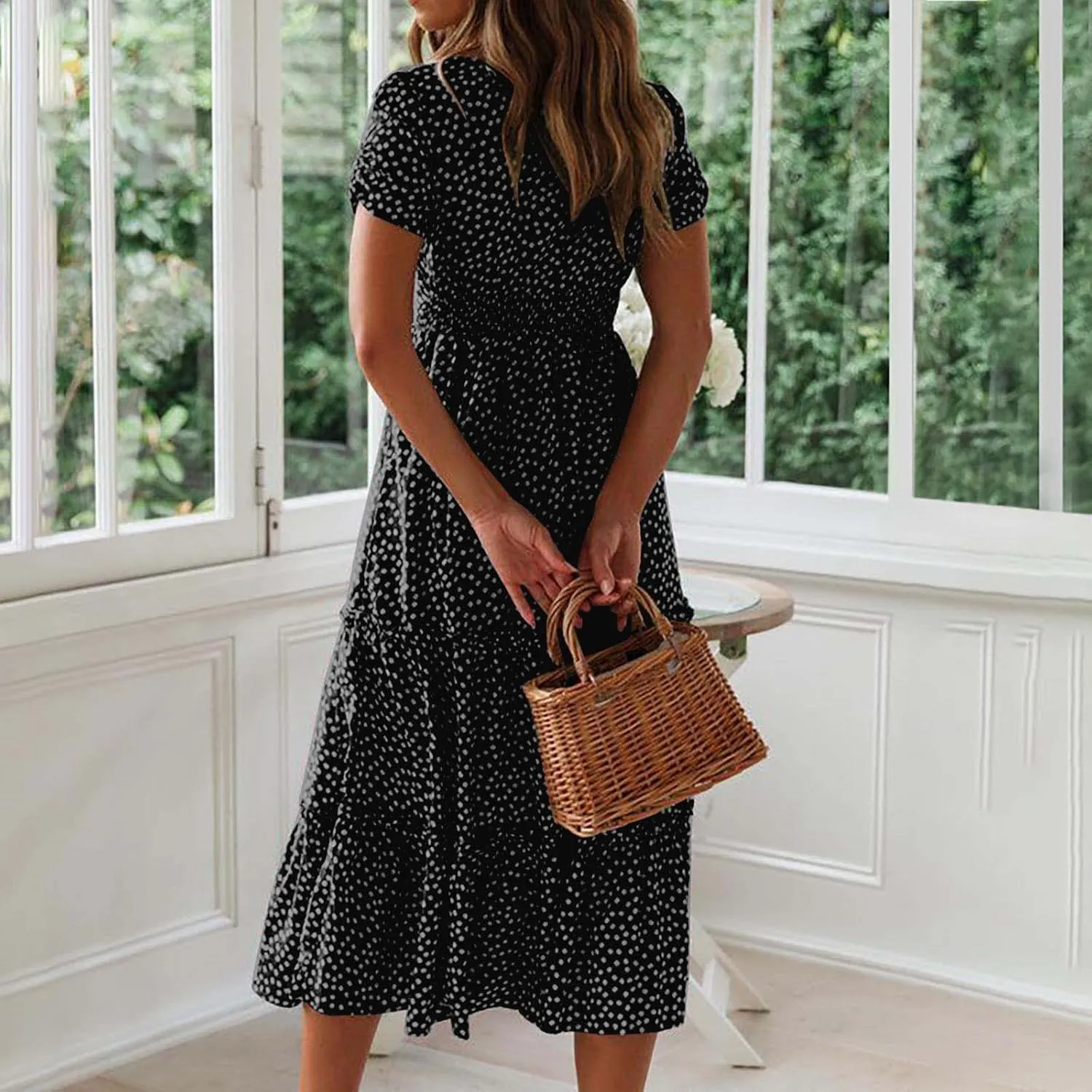 Women Boho Dress Summer Maxi Dress Polka Dot Sundress Short Sleeve A Line Tiered Dresses Flowy Beach Vacation Dress