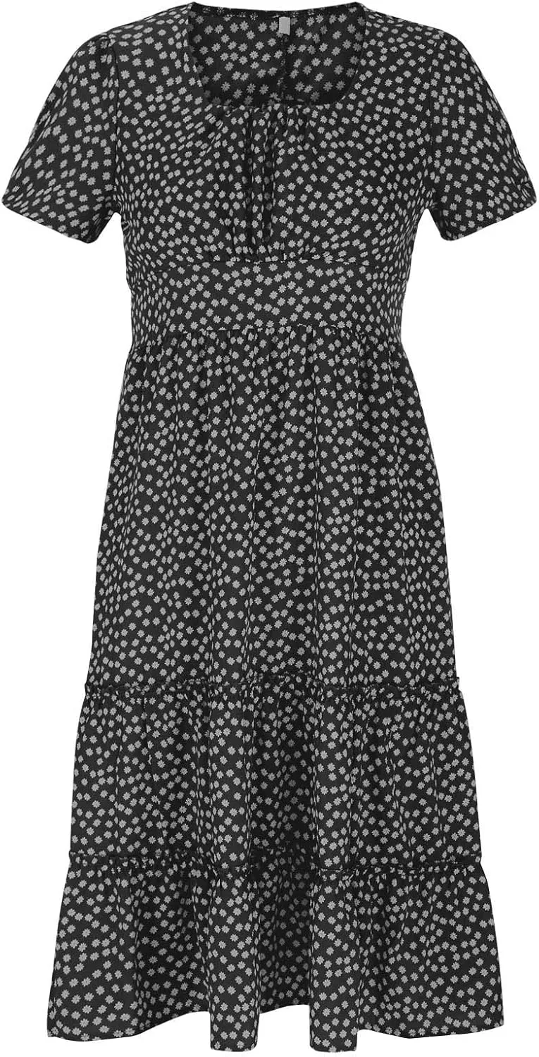 Women Boho Dress Summer Maxi Dress Polka Dot Sundress Short Sleeve A Line Tiered Dresses Flowy Beach Vacation Dress