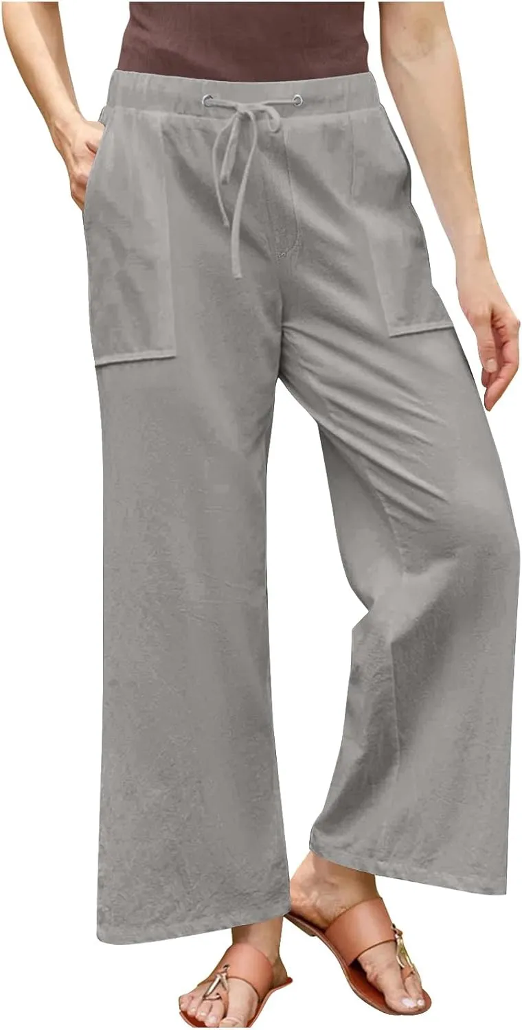 Women Casual Linen Pants Elastic Waist Drawstring Summer Long Fit Linen Beach Pants Lightweight Trousers with Pockets