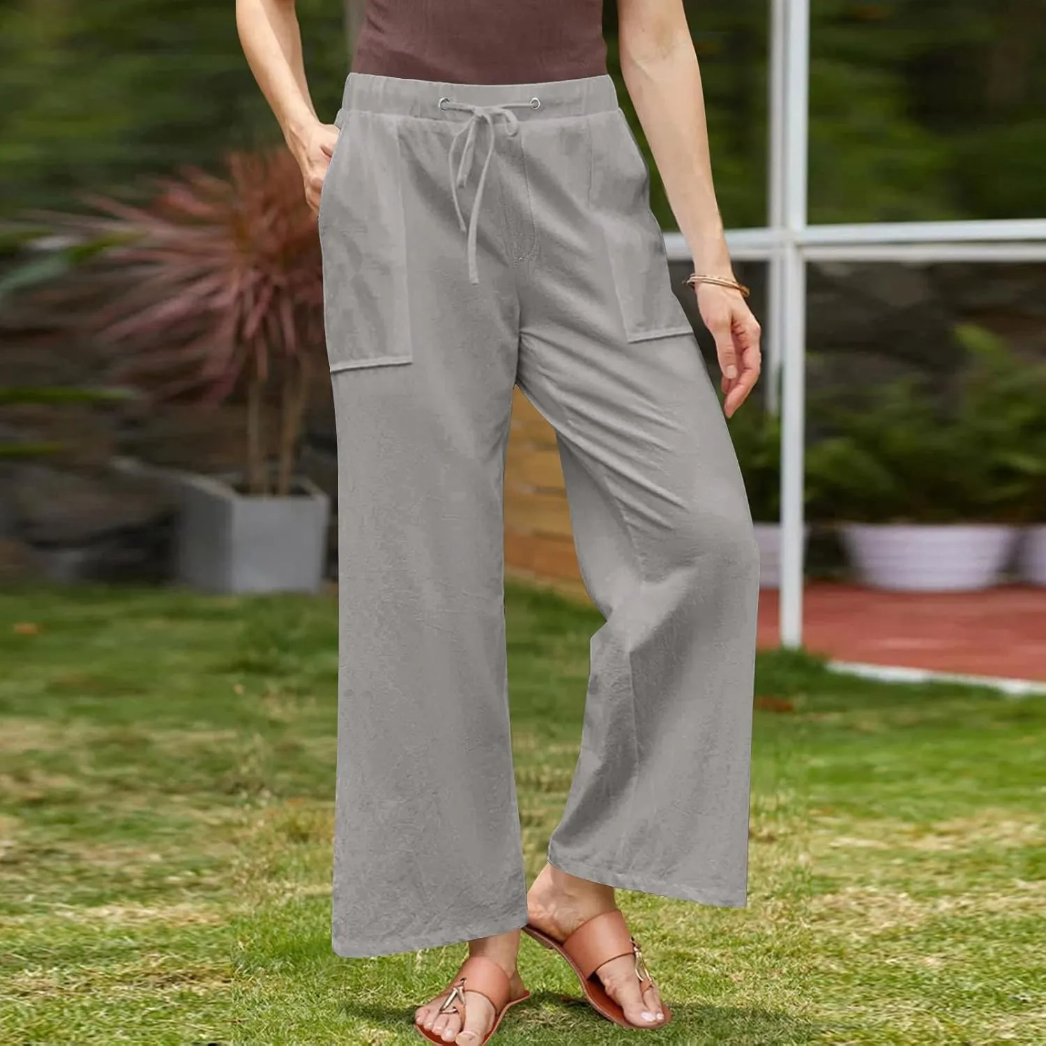 Women Casual Linen Pants Elastic Waist Drawstring Summer Long Fit Linen Beach Pants Lightweight Trousers with Pockets