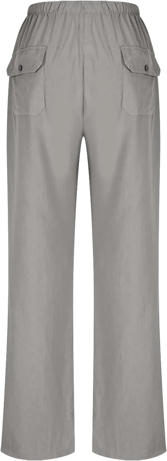 Women Casual Linen Pants Elastic Waist Drawstring Summer Long Fit Linen Beach Pants Lightweight Trousers with Pockets