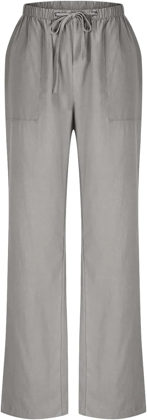Women Casual Linen Pants Elastic Waist Drawstring Summer Long Fit Linen Beach Pants Lightweight Trousers with Pockets