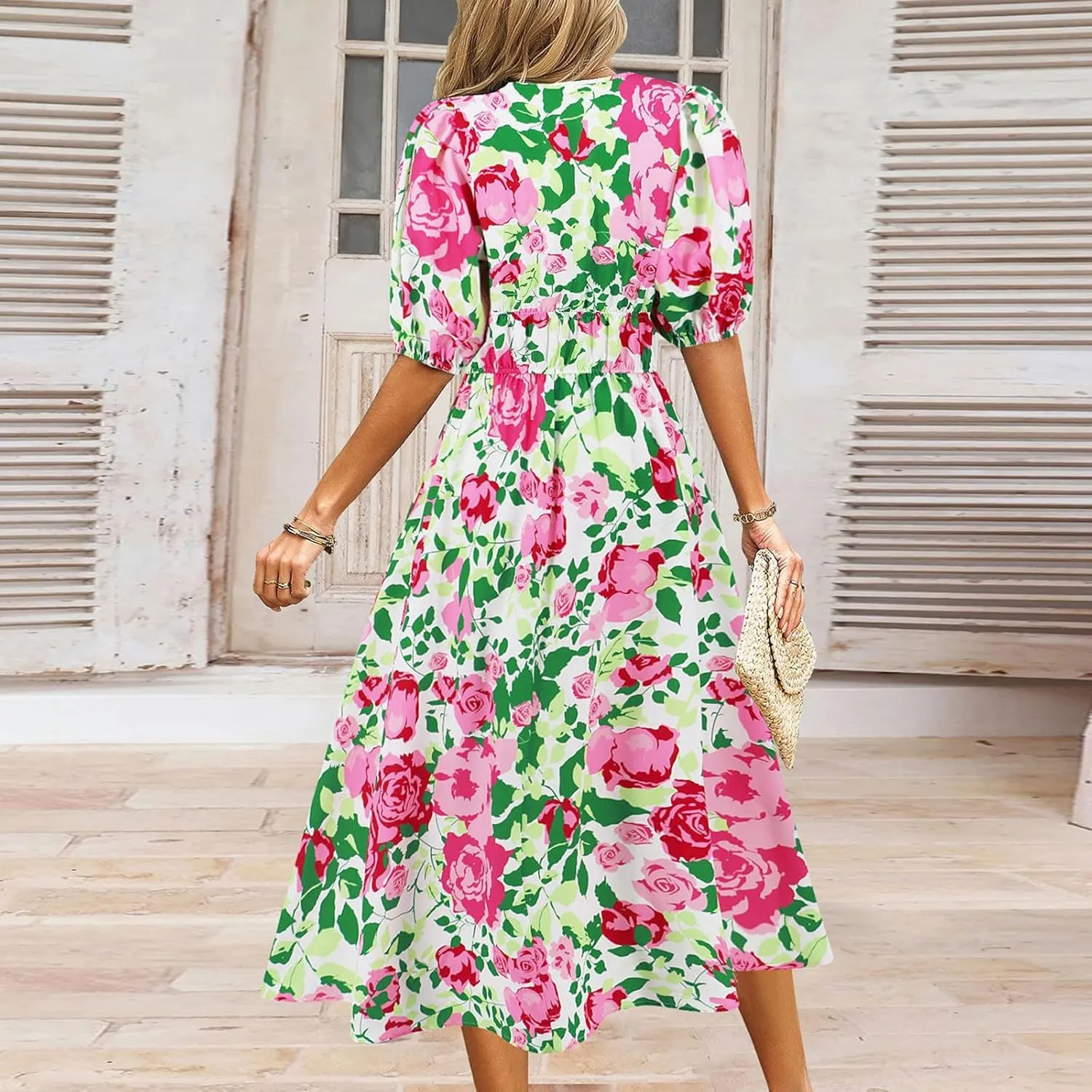 Women Casual Summer Flowy Midi Length Dresses Short Sleeve Tie Waist Pleated A-Line Swing Flowy Wedding Midi Dress
