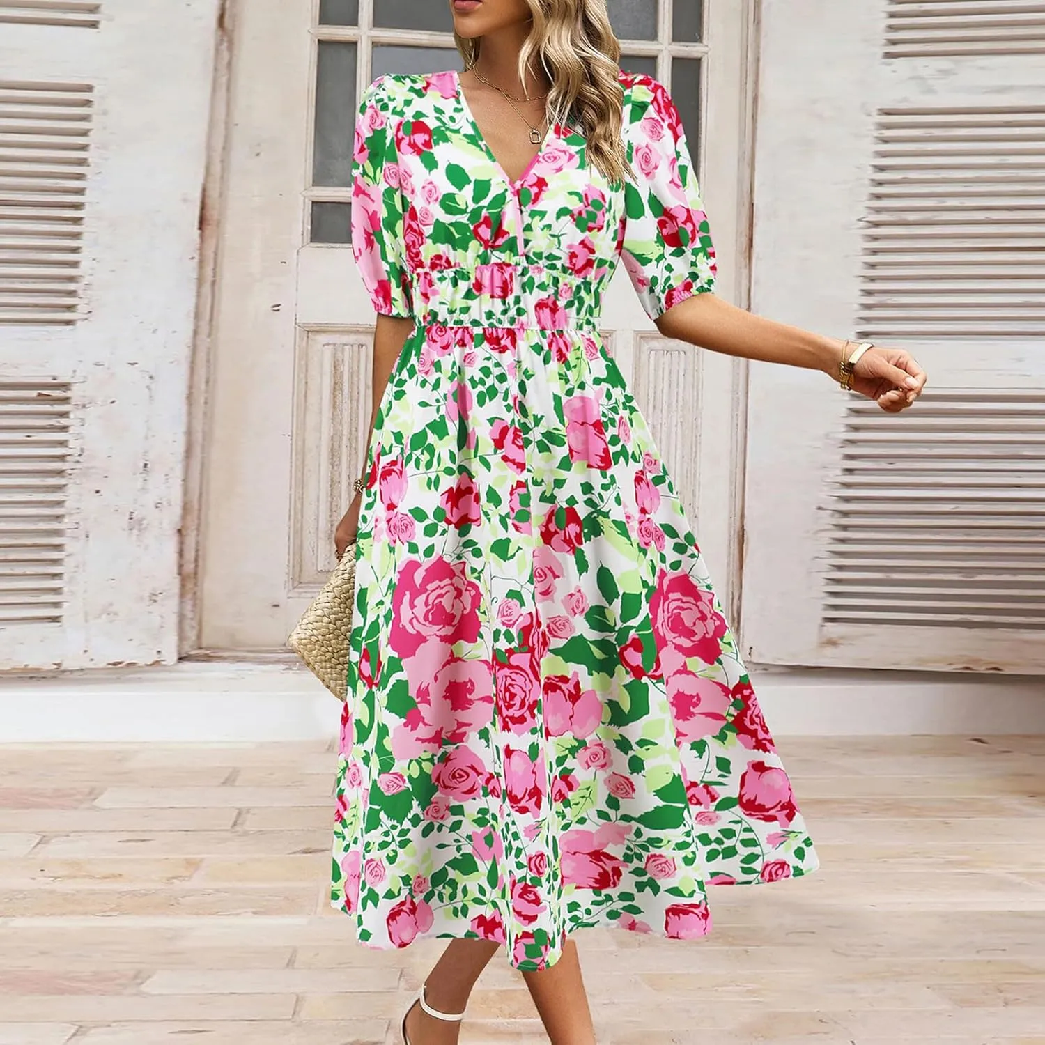 Women Casual Summer Flowy Midi Length Dresses Short Sleeve Tie Waist Pleated A-Line Swing Flowy Wedding Midi Dress