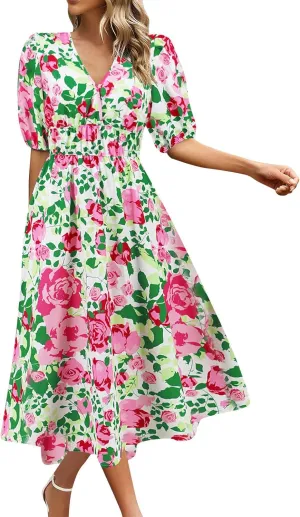 Women Casual Summer Flowy Midi Length Dresses Short Sleeve Tie Waist Pleated A-Line Swing Flowy Wedding Midi Dress
