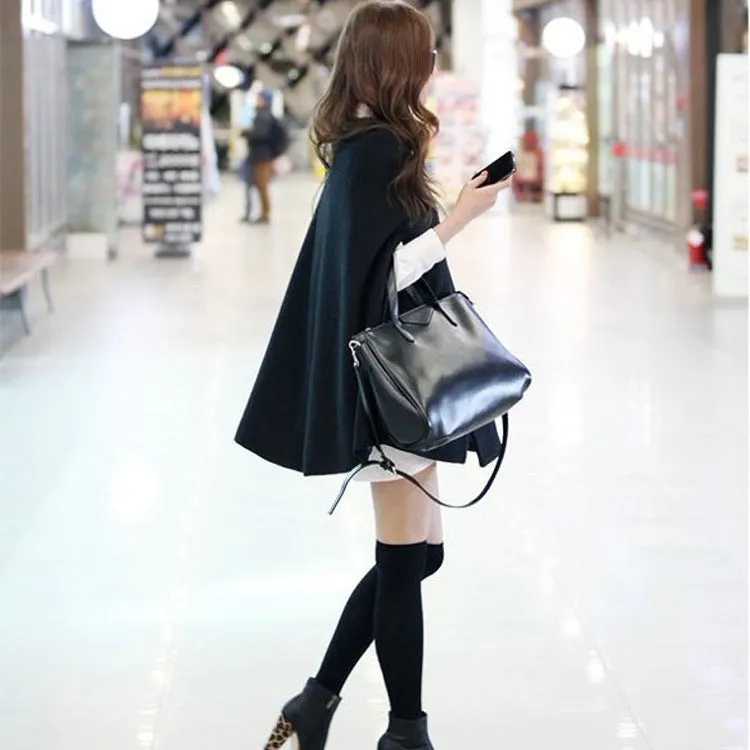 Women Korean Mid-Length Wool Coat Black Loose Shawl Cardigan Outerwear