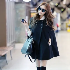 Women Korean Mid-Length Wool Coat Black Loose Shawl Cardigan Outerwear