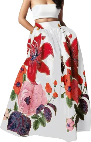 Women Summer Boho Floral Print Maxi Skirt with Pocket High Waist 2025 Flowy Long Dress Spring Travel Vacation Outfits