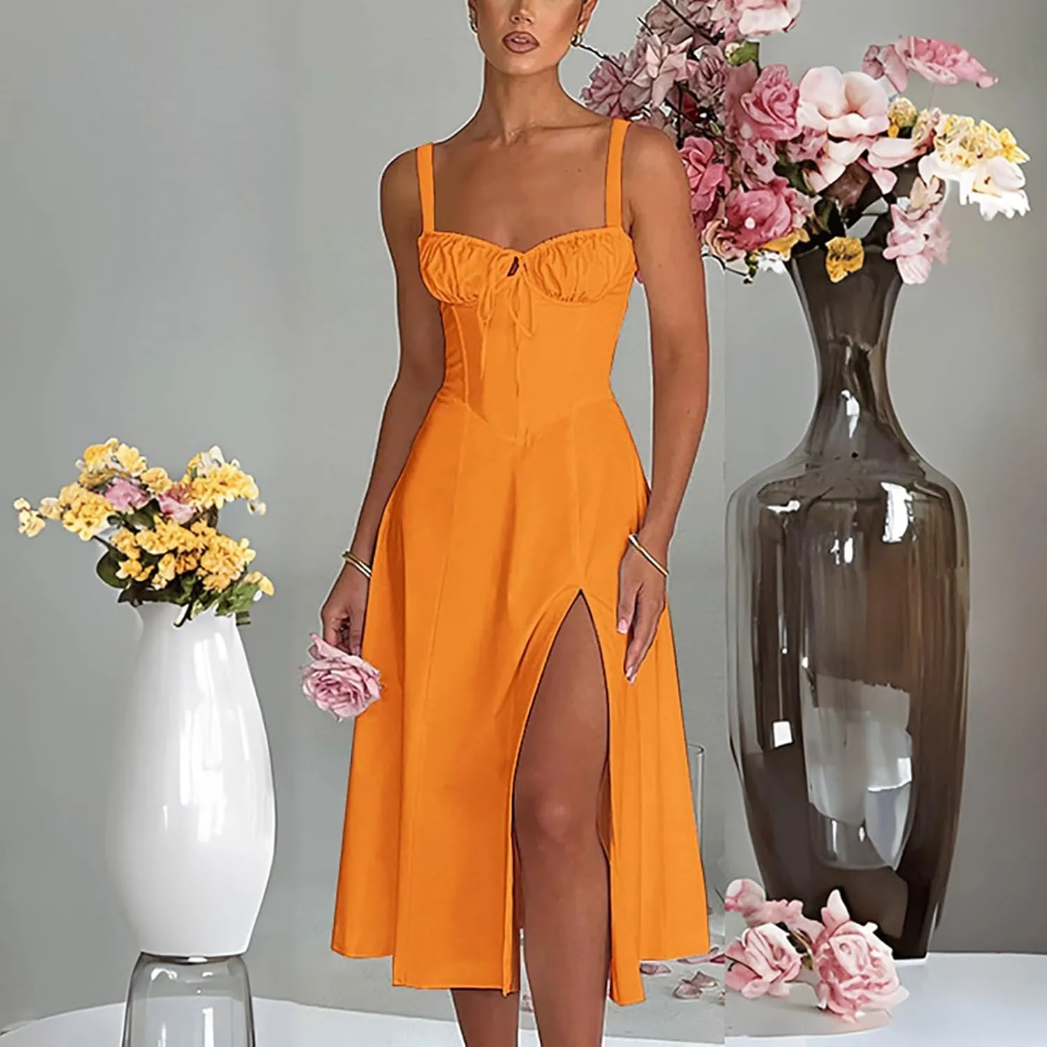 Womens 2024 Summer Maxi Dress Sleeveless Floral Spaghetti Strap Smocked Boho Beach Long Dress