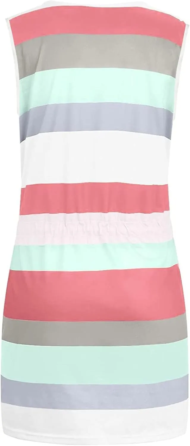 Womens 2025 Summer Dresses Striped Sleeveless Waist Tie Front A- Line Mini Dress Casual Lounge Tunics with Pockets