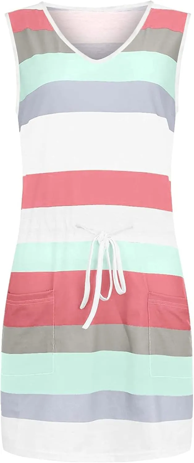 Womens 2025 Summer Dresses Striped Sleeveless Waist Tie Front A- Line Mini Dress Casual Lounge Tunics with Pockets