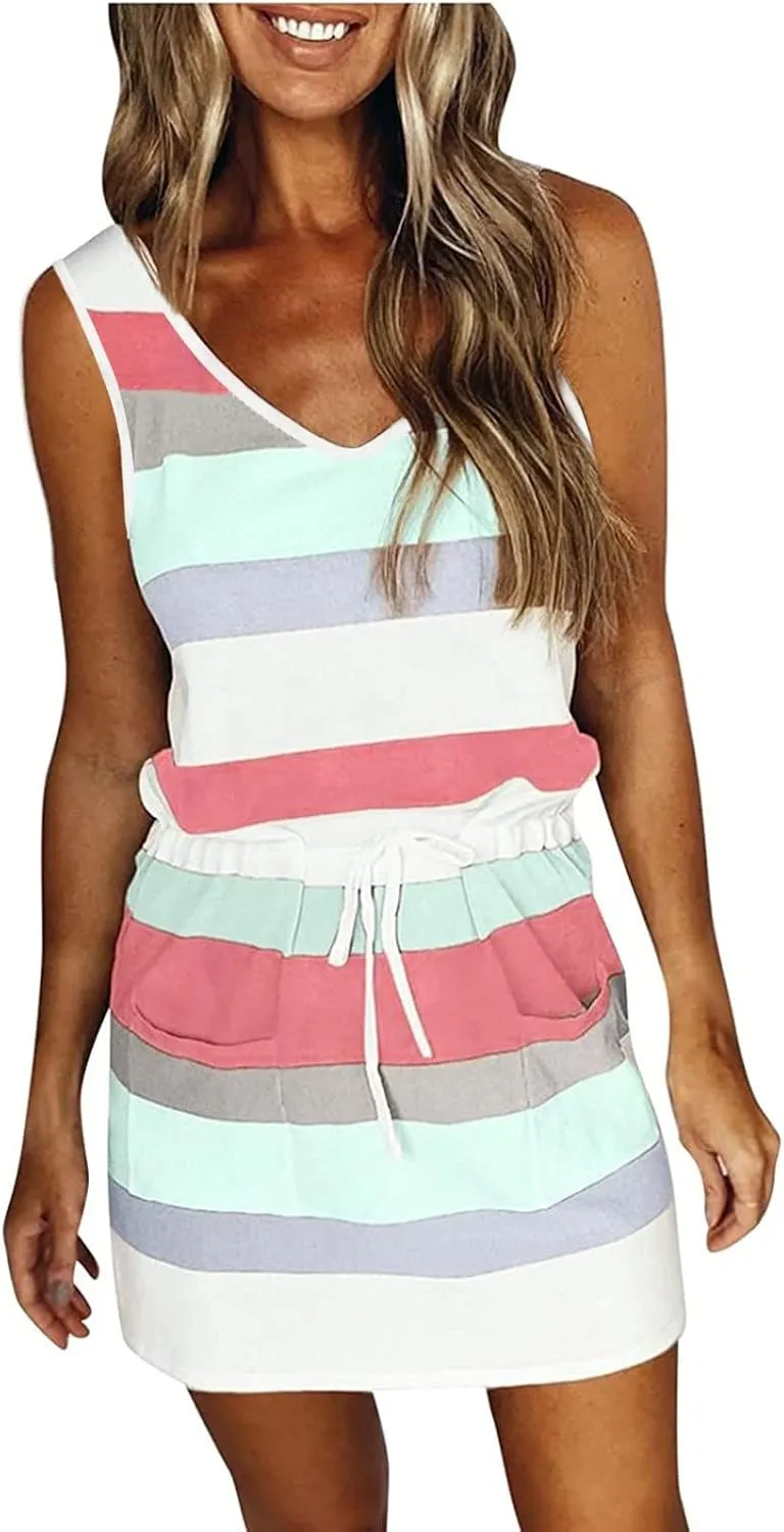 Womens 2025 Summer Dresses Striped Sleeveless Waist Tie Front A- Line Mini Dress Casual Lounge Tunics with Pockets