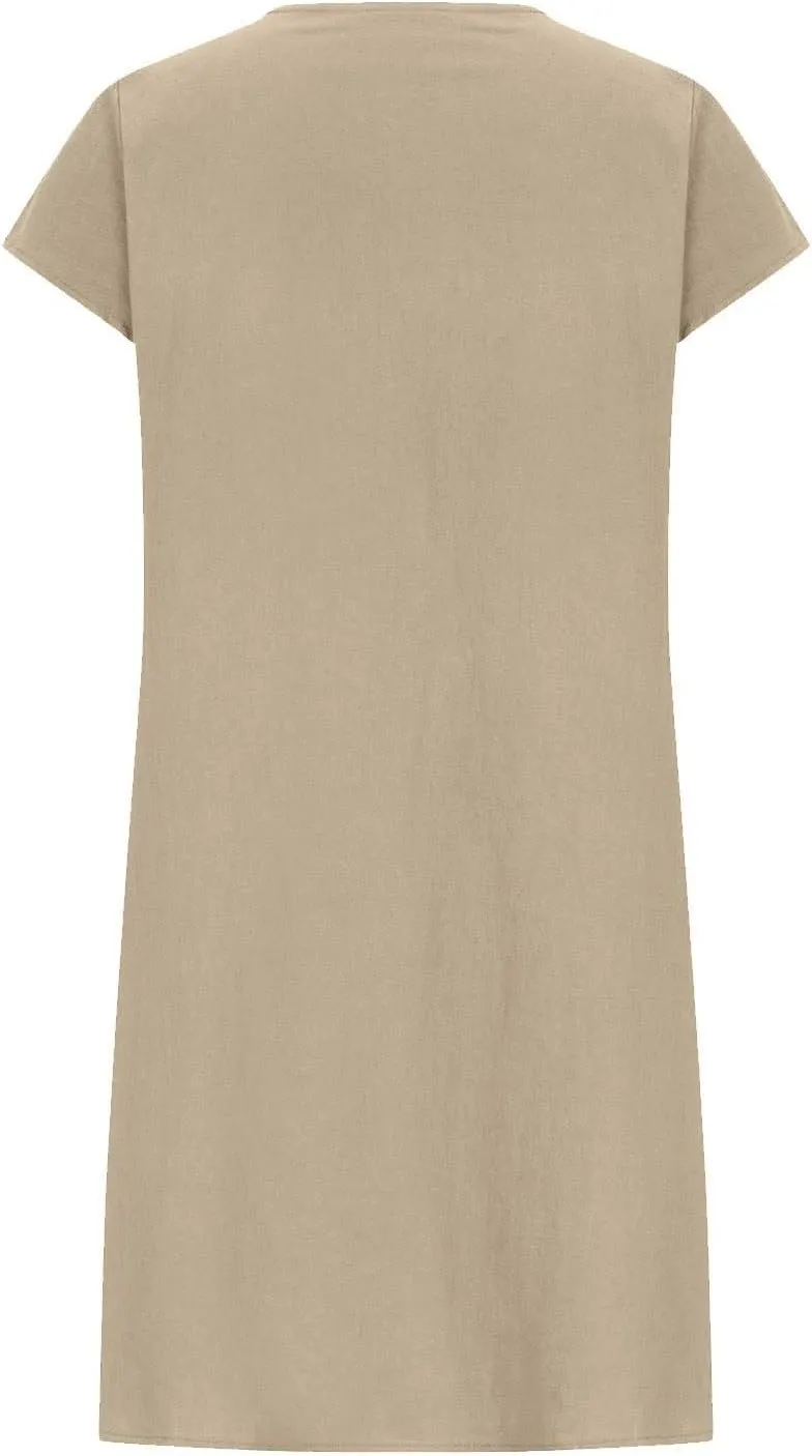 Women's Cotton Linen Midi Dress Plus Size Cap Sleeve Pleated Summer Dresses Vacation 2025 Crew Neck Casual Dress