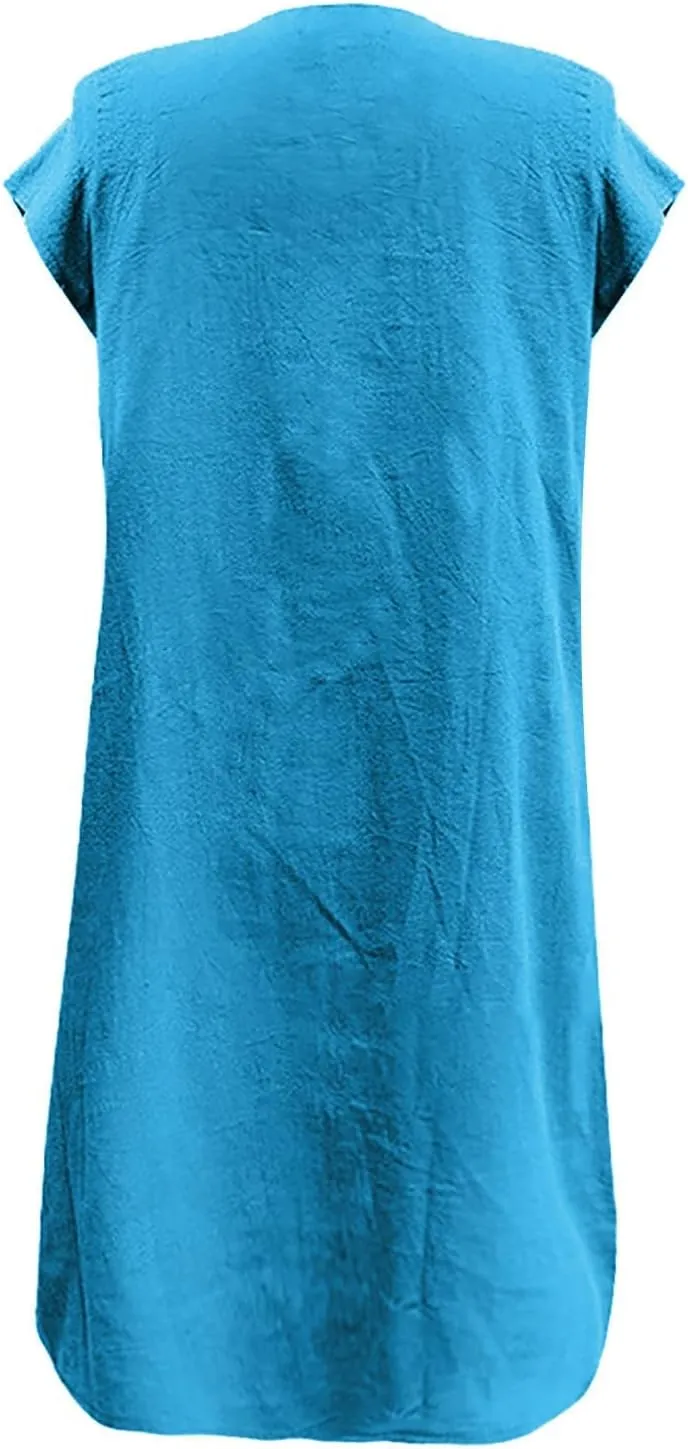 Women's Cotton Linen Midi Dress Plus Size Cap Sleeve Pleated Summer Dresses Vacation 2025 Crew Neck Casual Dress