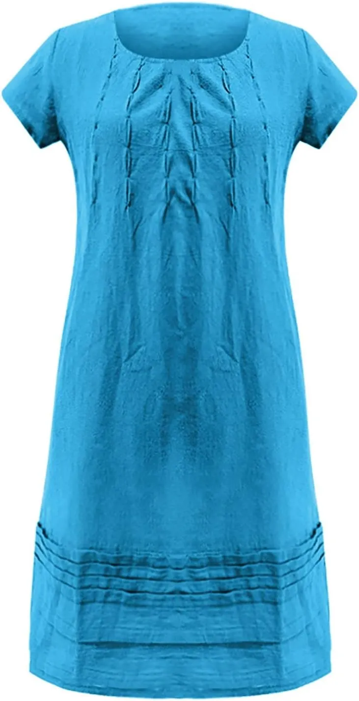 Women's Cotton Linen Midi Dress Plus Size Cap Sleeve Pleated Summer Dresses Vacation 2025 Crew Neck Casual Dress