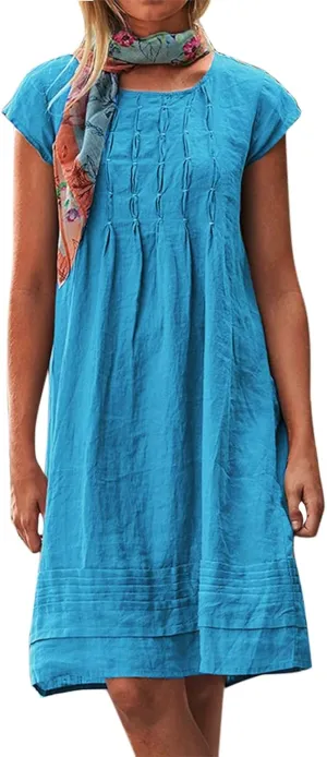Women's Cotton Linen Midi Dress Plus Size Cap Sleeve Pleated Summer Dresses Vacation 2025 Crew Neck Casual Dress