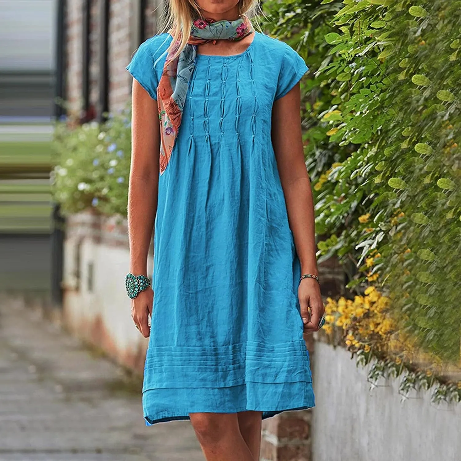 Women's Cotton Linen Midi Dress Plus Size Cap Sleeve Pleated Summer Dresses Vacation 2025 Crew Neck Casual Dress