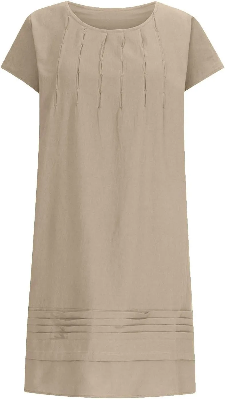Women's Cotton Linen Midi Dress Plus Size Cap Sleeve Pleated Summer Dresses Vacation 2025 Crew Neck Casual Dress