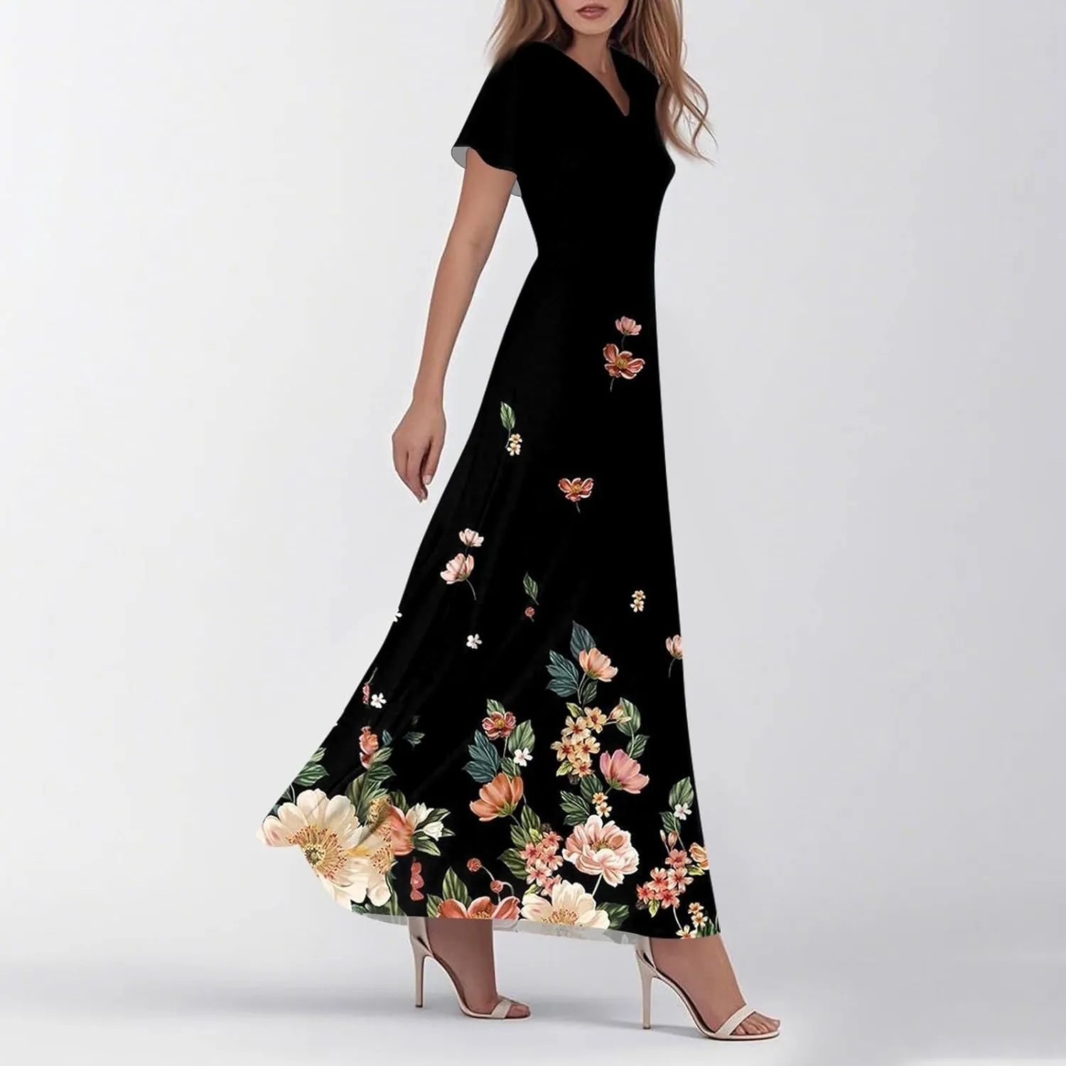 Womens Dresses Summer 2025 Fashion Midi Dress Floral Sleeve V Neck Long Flowy Boho Casual Beach Vacation Dress