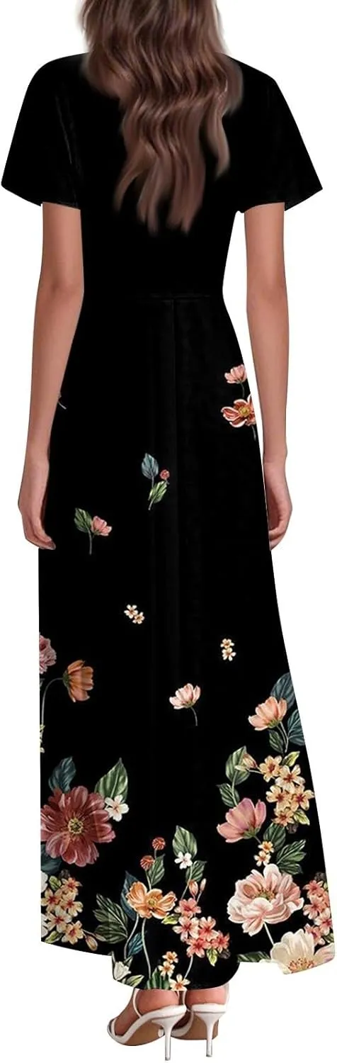 Womens Dresses Summer 2025 Fashion Midi Dress Floral Sleeve V Neck Long Flowy Boho Casual Beach Vacation Dress