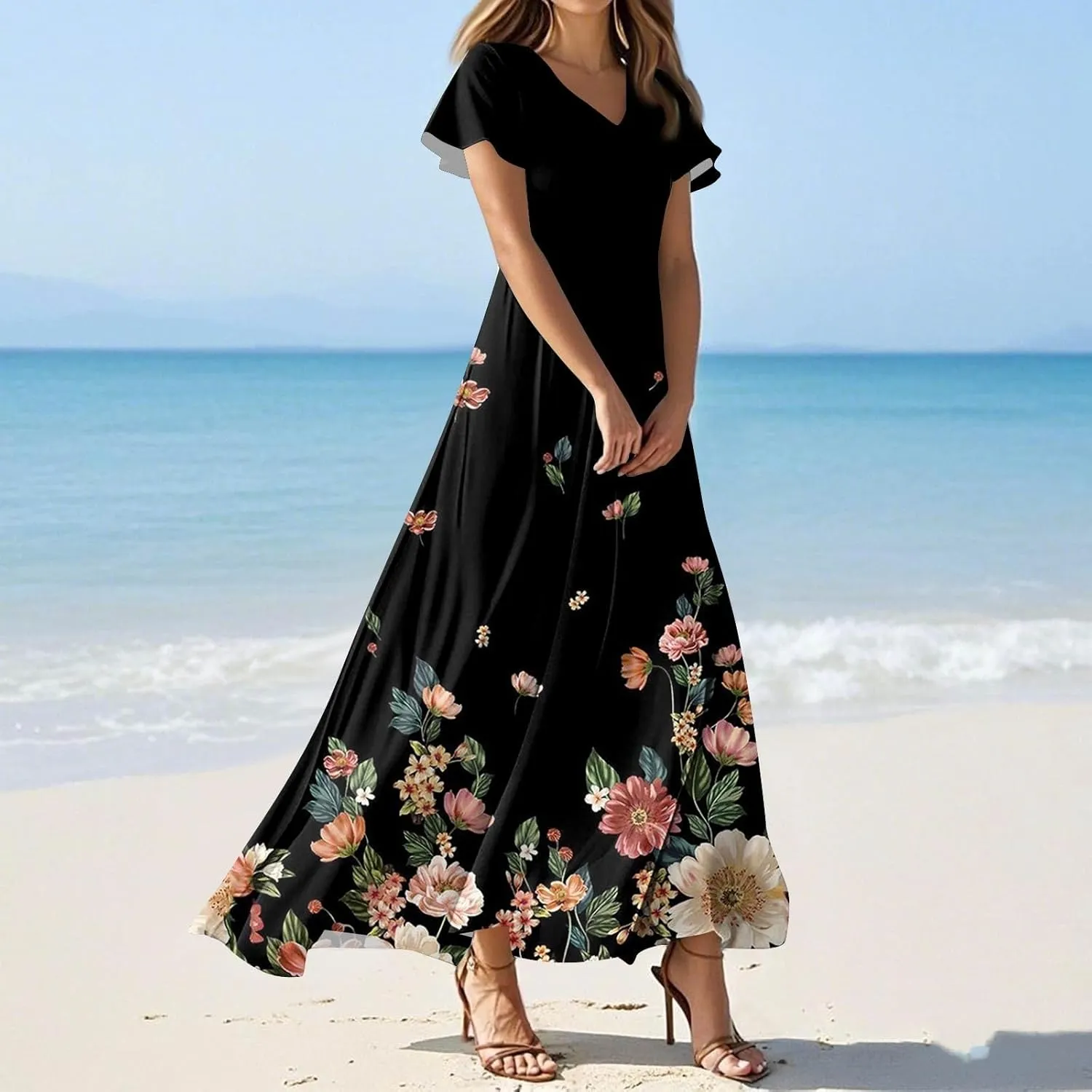 Womens Dresses Summer 2025 Fashion Midi Dress Floral Sleeve V Neck Long Flowy Boho Casual Beach Vacation Dress