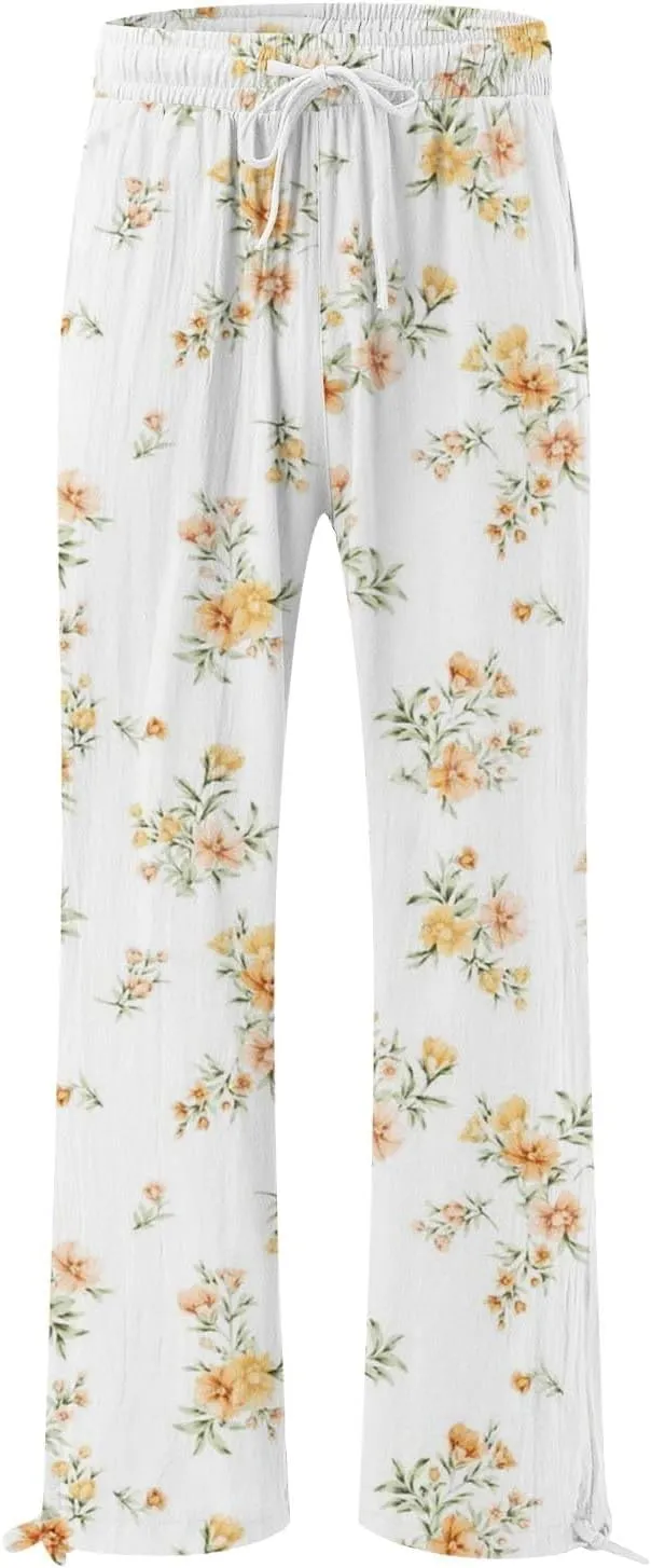 Womens Elastic High Waisted Pants Womens Cotton Casual Loose Pants Comfy Work Pants with Pockets Elastic High Waist
