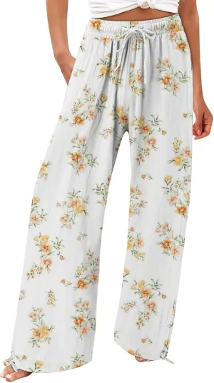 Womens Elastic High Waisted Pants Womens Cotton Casual Loose Pants Comfy Work Pants with Pockets Elastic High Waist