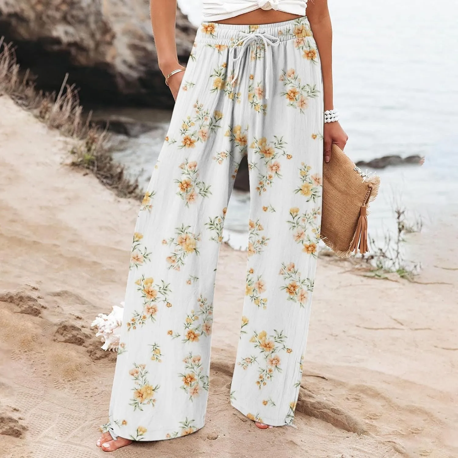 Womens Elastic High Waisted Pants Womens Cotton Casual Loose Pants Comfy Work Pants with Pockets Elastic High Waist