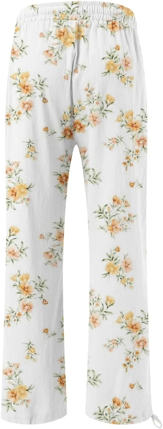 Womens Elastic High Waisted Pants Womens Cotton Casual Loose Pants Comfy Work Pants with Pockets Elastic High Waist