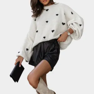 Women's Knitted Pullover Sweater  O-Neck  Love Heart Design  Loose Fit  Soft Knitwear  White