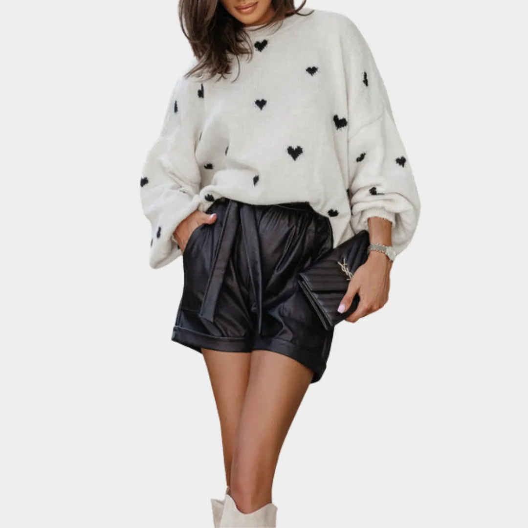 Women's Knitted Pullover Sweater  O-Neck  Love Heart Design  Loose Fit  Soft Knitwear  White