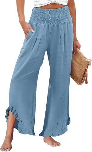 Women's Linen Pants Summer Wide Leg Smocked Waist Ruffle Hem Palazzo Pants Boho Flowy Beach Pants with Pockets