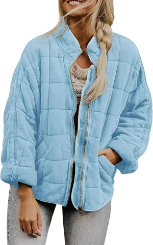 Women's Quilted Lightweight Jackets Diamond Puffer Padded Coat Winter 2023 Stand Collar Warm Trendy Coats Long Sleeve