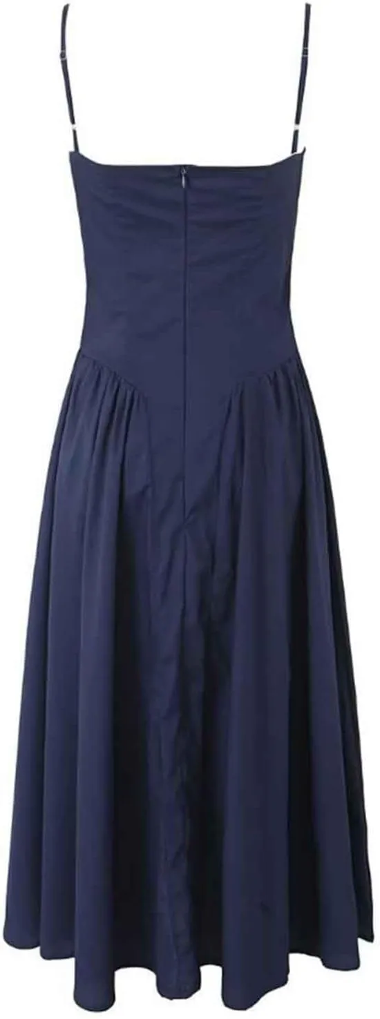 Women's Ruched Bust Corset Dress Flowy Milkmaid Dress Spaghetti Strap Bustier Midi Dress Low Cut Flowy Pleated Hem Dresses