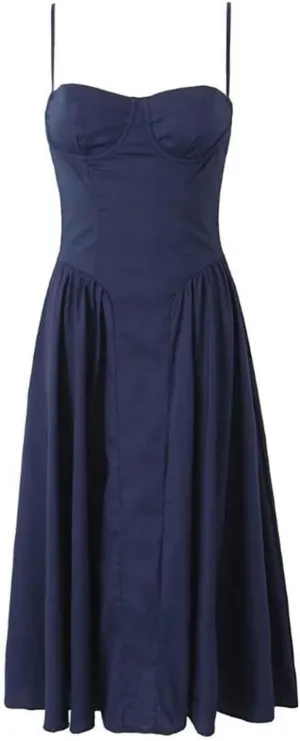 Women's Ruched Bust Corset Dress Flowy Milkmaid Dress Spaghetti Strap Bustier Midi Dress Low Cut Flowy Pleated Hem Dresses