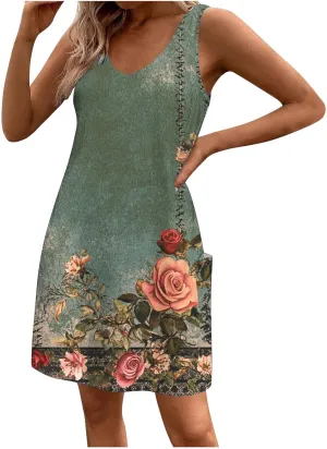 Women's Sleeveless V Neck Summer Dresses Casual Mini Tank Dress 2025 Fashion Floral Print Beach Sundress