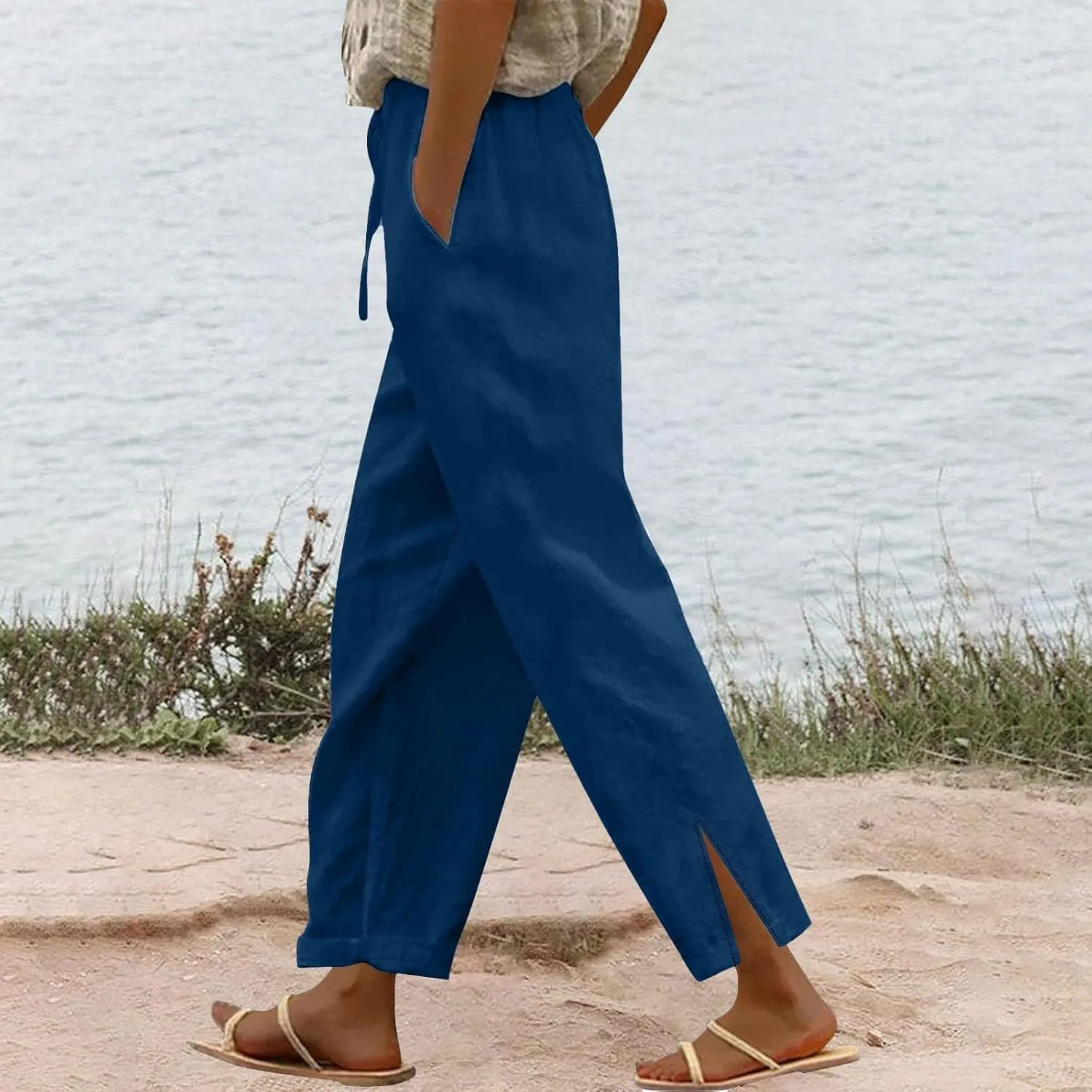 Womens Straight Leg Linen Pants 2025 Summer Casual Beach Pants Lightweight High Waisted Boho Capri Pants with Pockets