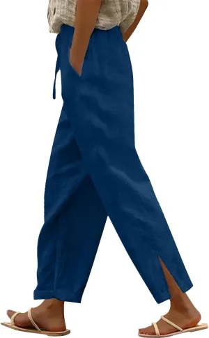 Womens Straight Leg Linen Pants 2025 Summer Casual Beach Pants Lightweight High Waisted Boho Capri Pants with Pockets
