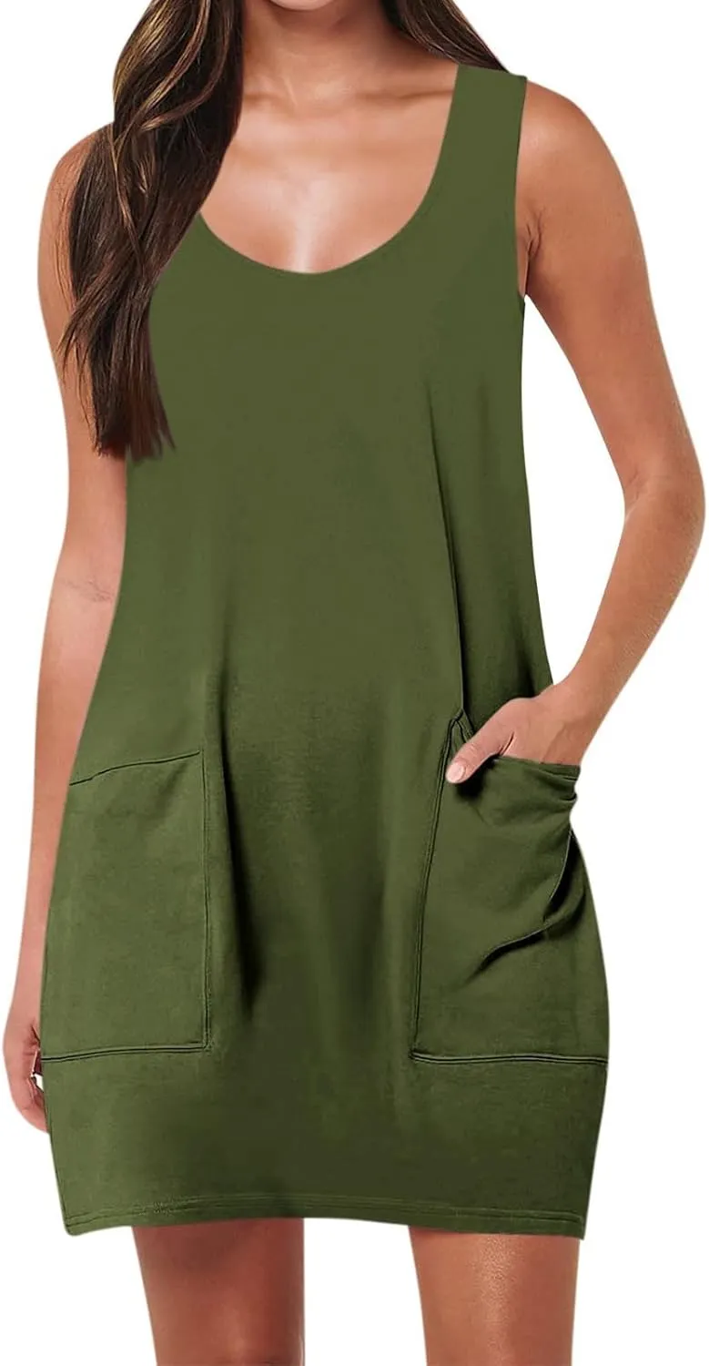 Womens Summer Dresses 2025 Casual Crew Neck Sleeveless Mini Dress Vacation Beach Sundresses Loose Fit Tank T Shirt
