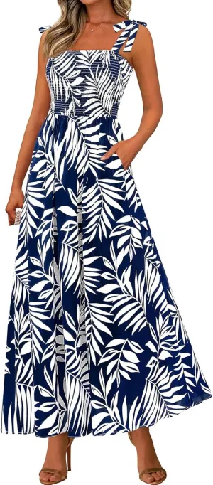 Women's Summer Floral Maxi Dress Spaghetti Strap Smocked Boho Beach Long Dress Sleeveless Ruffle Tiered Flowy Dresses