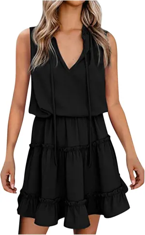 Womens Summer Sleeveless Dress V Neck Drawstring Ruffle Tiered Mini Dresses Fashion Casual Beach Vacation Outfits