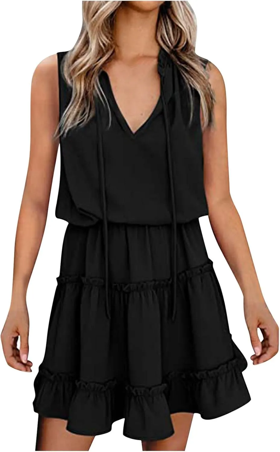 Womens Summer Sleeveless Dress V Neck Drawstring Ruffle Tiered Mini Dresses Fashion Casual Beach Vacation Outfits