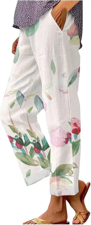 Women'sLounge Pants Women Solid Straight Solid Elastic Pants Long Drawstring Linen Women Lightweight Tapered Lounge