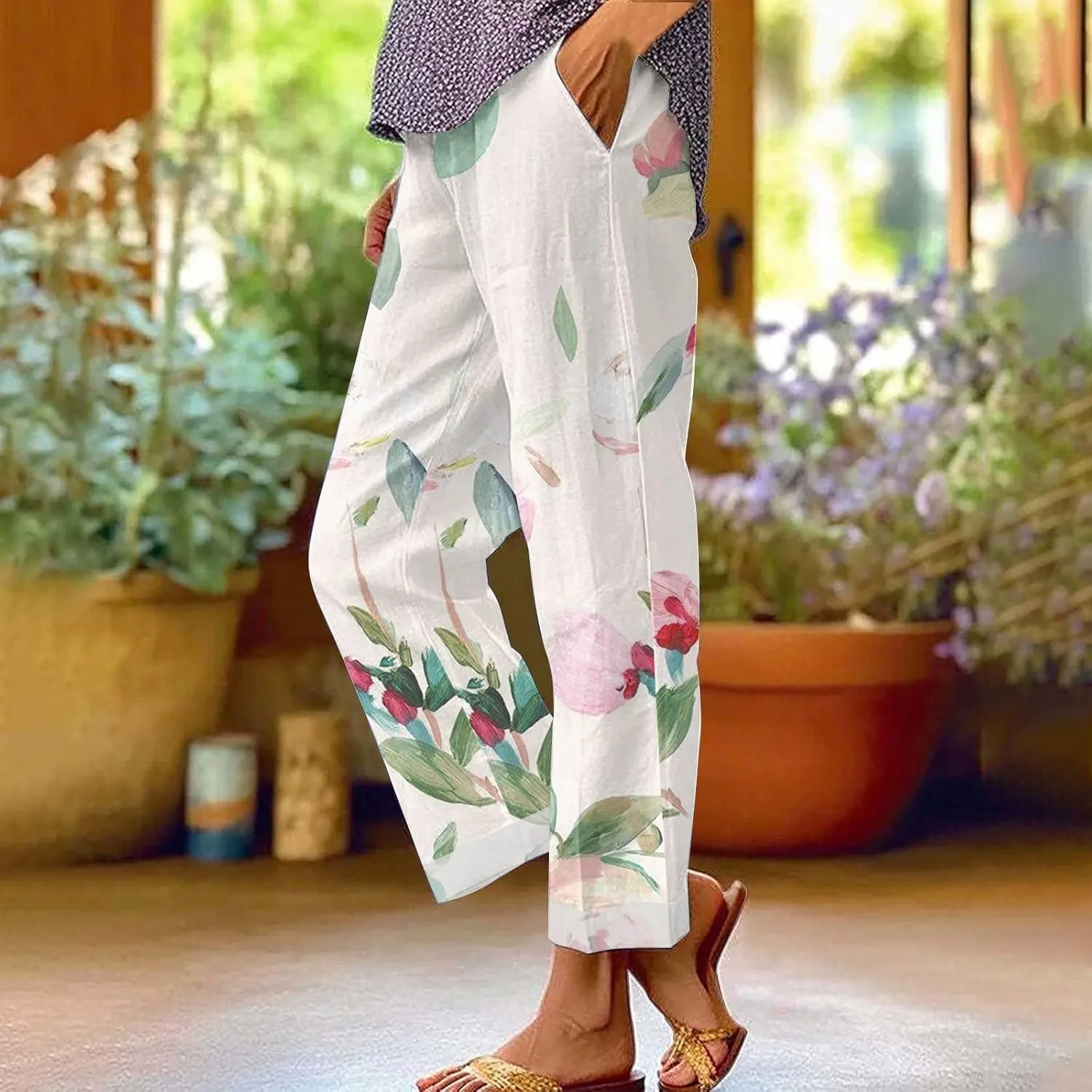 Women'sLounge Pants Women Solid Straight Solid Elastic Pants Long Drawstring Linen Women Lightweight Tapered Lounge